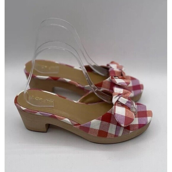 J Crew Heels Women Boho Print Gingham Check Plaid Wooden Chunky Mule Sz 8.5 New